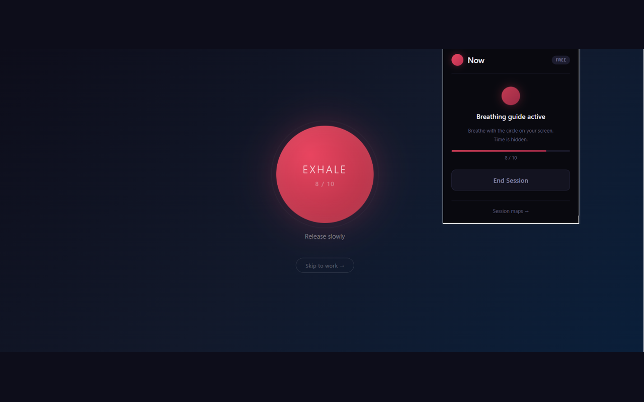 Now's full-screen breathing circle guiding a session while the page's clock is hidden